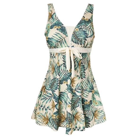 Ecupper Womens 4XL Green Swimsuit Swim Dress V-Neck Built-in Shorts Tropical New - Picture 1 of 13